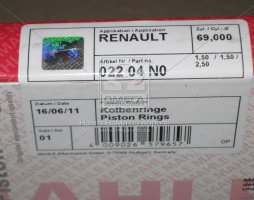 Кольца поршневые RENAULT 69,00 D7F (пр-во Mahle). 022 04 N0